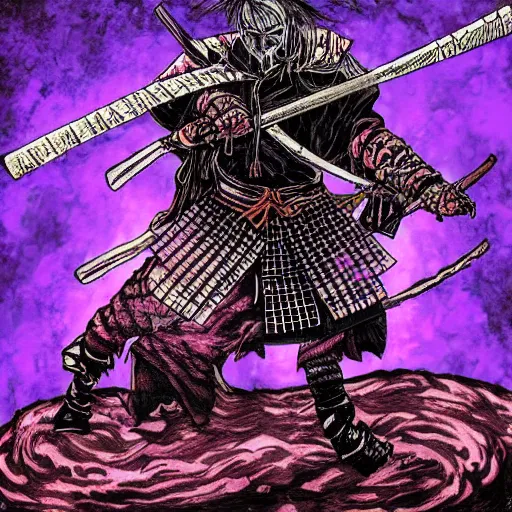 Prompt: a samurai standing in the purple abyss, rot, blood, dark, bloodborne, night, hopeless, highly detailed, intricate background