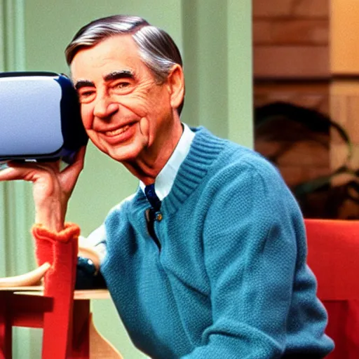 Prompt: Mister Rogers using a VR headset