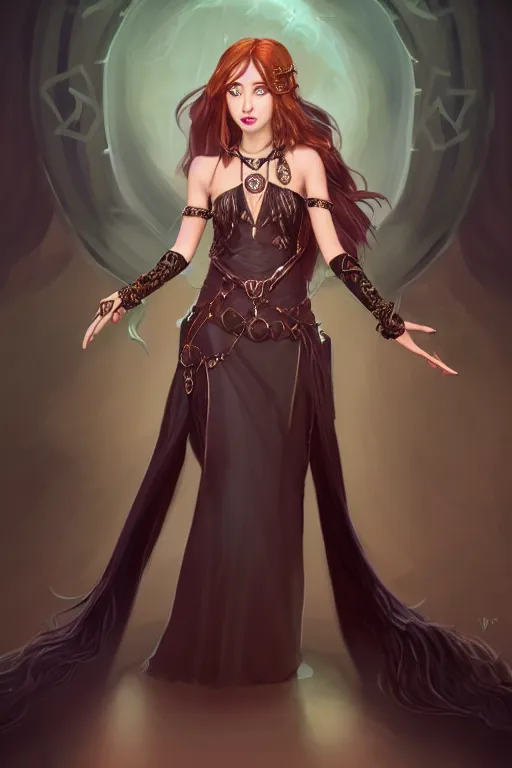 Image similar to a full body portrait of a gorgeous female sorceress, looking at camera, D&D, choker on neck, stylish dress with arcane symbols, very long flowing hair, intricate, elegant, stylish, cute slightly nerdy smile, mouth slightly open, fantasy, extremely detailed, digital painting, artstation, concept art, smooth, sharp focus, illustration, stunning lighting, art by artgerm and greg rutkowski and alphonse mucha and simon stalenhag