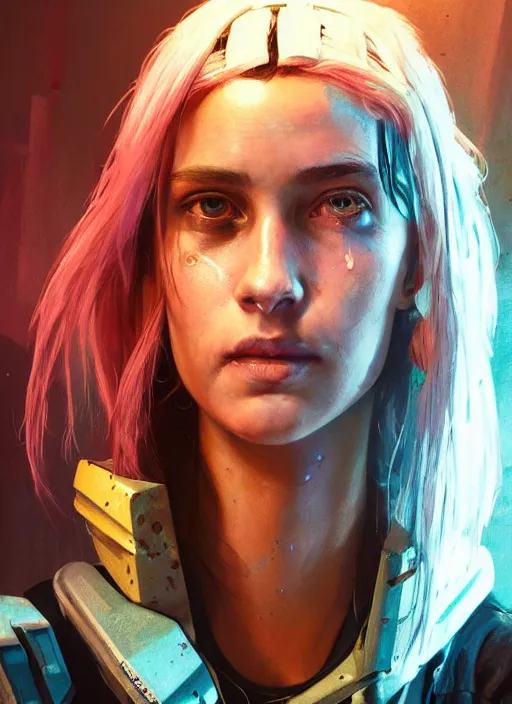 Image similar to portrait of Lauren Layfield as a homeless character in Cyberpunk 2077, looking at camera, intricate, dystopian, sci-fi, extremely detailed, digital painting, artstation, concept art, smooth, sharp focus, illustration, intimidating lighting, incredible art by artgerm and greg rutkowski and alphonse mucha and simon stalenhag