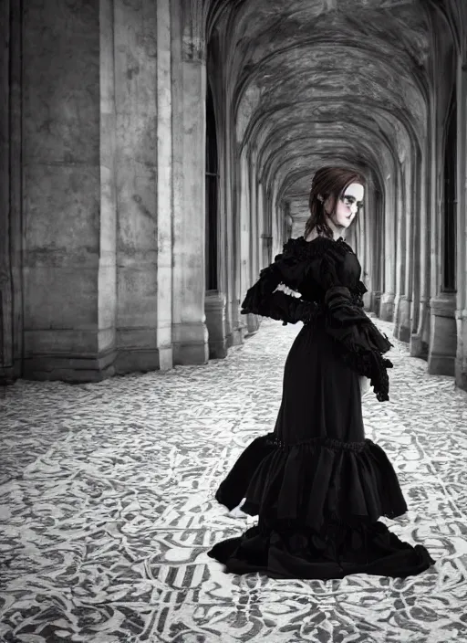 Image similar to Emma Watson for Victorian Secret as goth, squatting pose, full length shot, extremely detailed, XF IQ4, 50MP, 50mm, f/1.4, ISO 200, 1/160s, natural light, Adobe Lightroom, rule of thirds, symmetrical balance, depth layering, polarizing filter, Sense of Depth