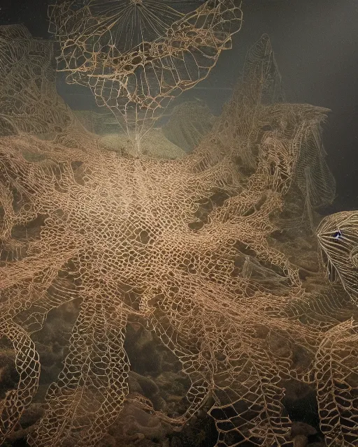 Prompt: a coral reef, made of intricate decorative lace leaf skeleton, in the style of the dutch masters and gregory crewdson, dark and moody