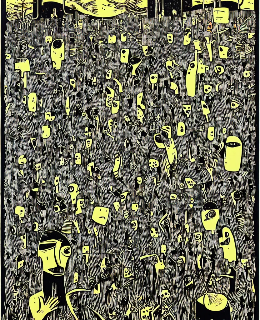 Image similar to two people standing next to each other, a screenprint by michael deforge, featured on pixiv, orphism, concert poster, woodcut, poster art