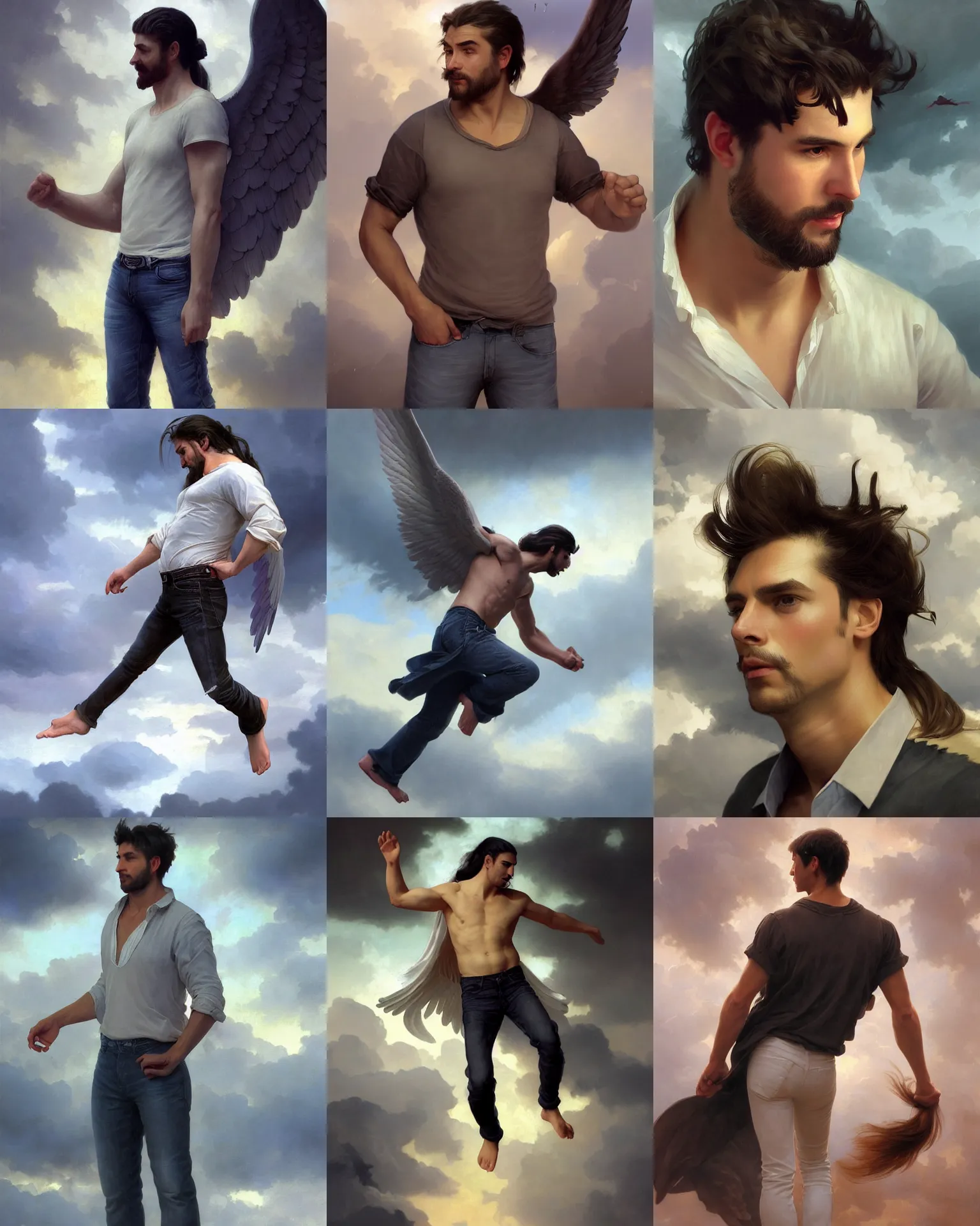 Prompt: handsome male angel, Middle-Western ethnicity. beardless, hair in a ponytail. Shirt, jeans and barefoot. Angel flying in a stormy sky. Distant full-body view. Digital painting, concept art, smooth, sharp focus, illustration, by Ruan Jia and Mandy Jurgens and Artgerm and William-Adolphe Bouguereau