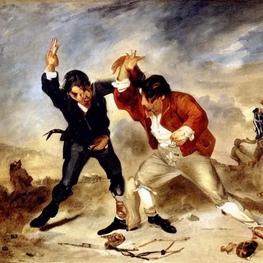 Prompt: Eugène Delacroix painting of Joe Biden and Donald Trump fighting