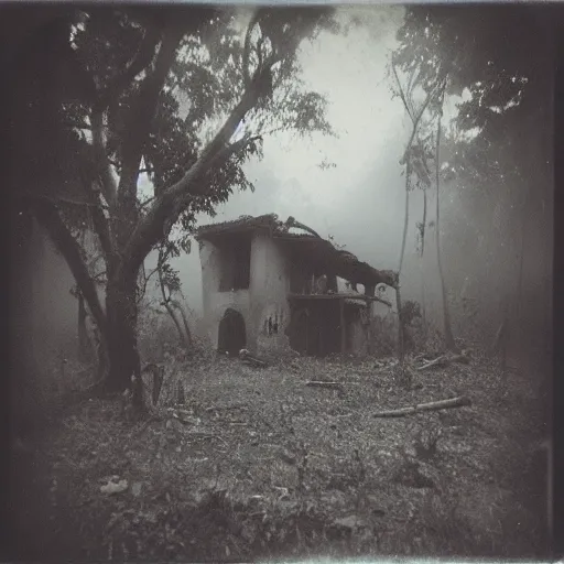Prompt: an ancient demon-girl devouring the souls of the human kind on an abandoned house, Colombian jungle, mist, 1910 polaroid photography, grainy film, Black and white