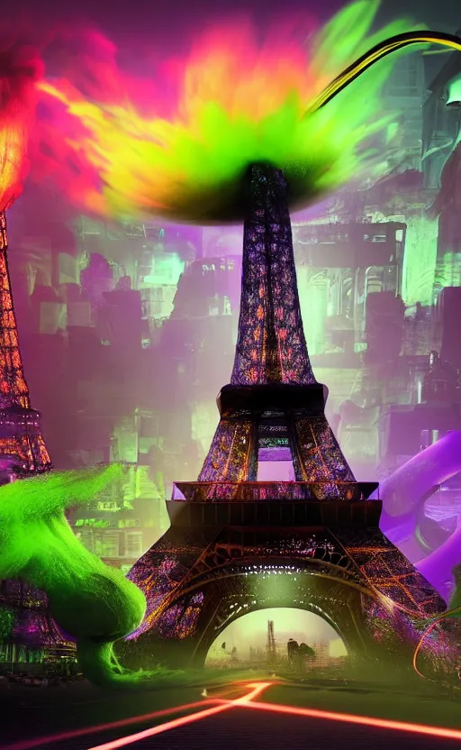 Image similar to giant larva with tentacles attacks and destroys and blows up the eiffel tower in glowing colorful luminous slime, dark foggy streets with white neon signs, running and screaming people, futuristic, dramatic, ultra - realistic, landscape, perspective, hight detailed, no blur, 8 k