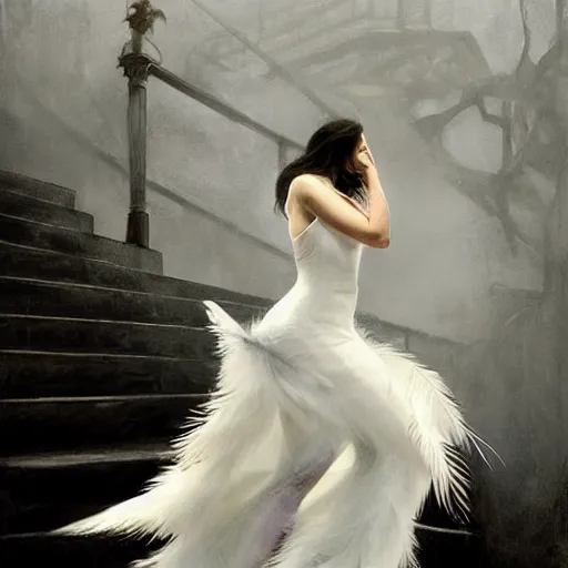 Image similar to hyperrealistic portrait of a woman as amber heard running down a staircase noir white swan dress wearing sapphire jewellery feather collar by jeremy mann and alphonse mucha, fantasy art, photo realistic, dynamic lighting, artstation, poster, volumetric lighting, very detailed faces, 4 k, award winning