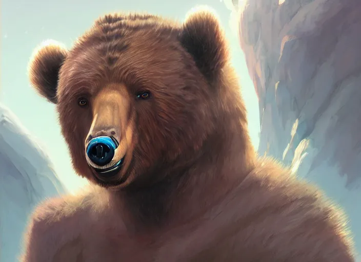 Image similar to character portrait feature of the anthro male anthropomorphic kamchatka brown bear fursona wearing cosmonaut outfit uniform professional pilot astronaut cosmonaut spirited disciplined character design stylized by charlie bowater, ross tran, artgerm, and makoto shinkai, detailed, soft lighting, rendered in octane