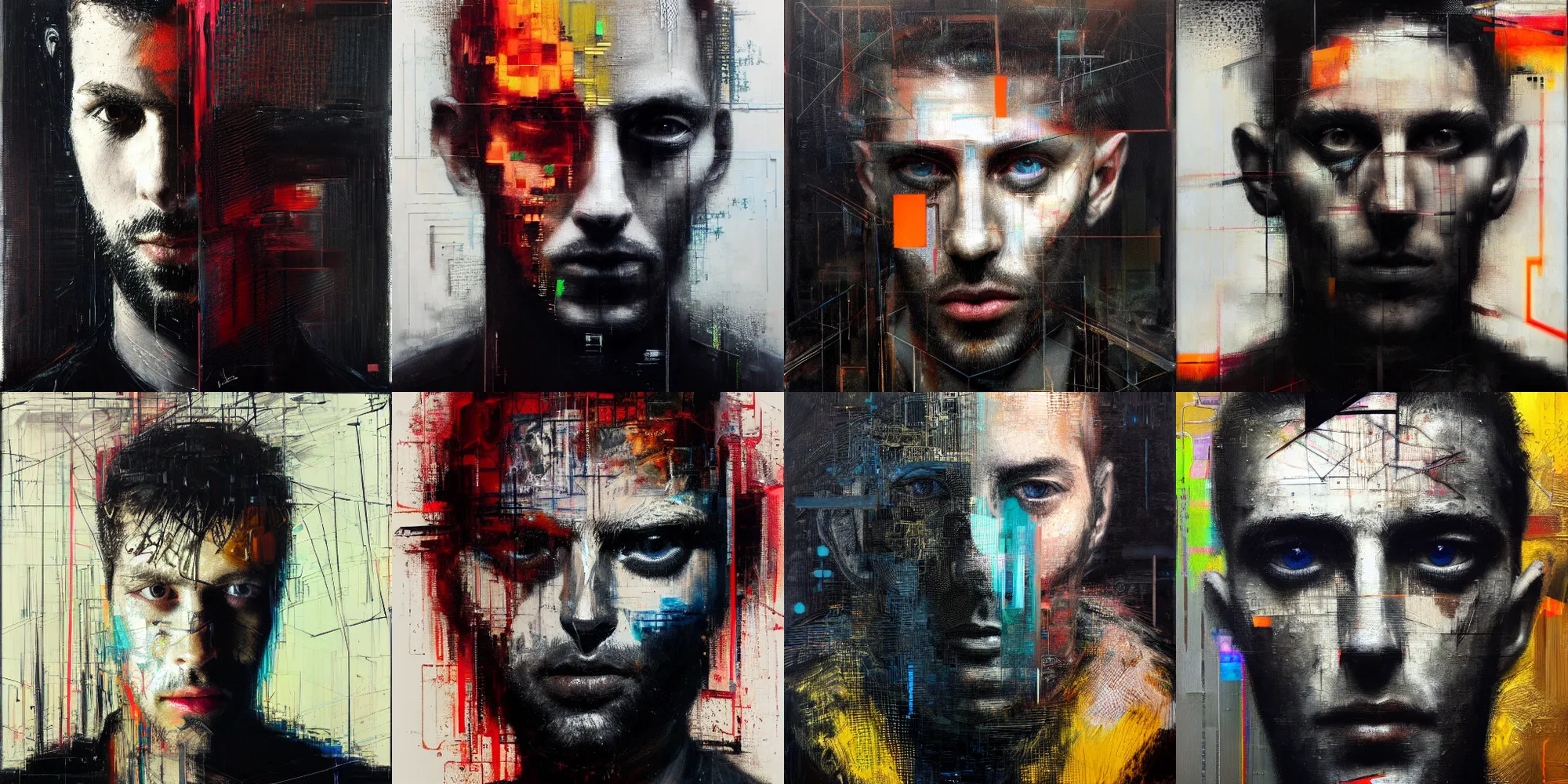 Prompt: hyperrealistic portrait of a mysterious man, by Guy Denning, Agam Yaacov, glitch art, fine detail, polished, complex, hacking effects, digital tech effects, color blocking, acrylic on canvas, concept art, abstract, symmetrical, 8k, concept art, octane, trending on artstation