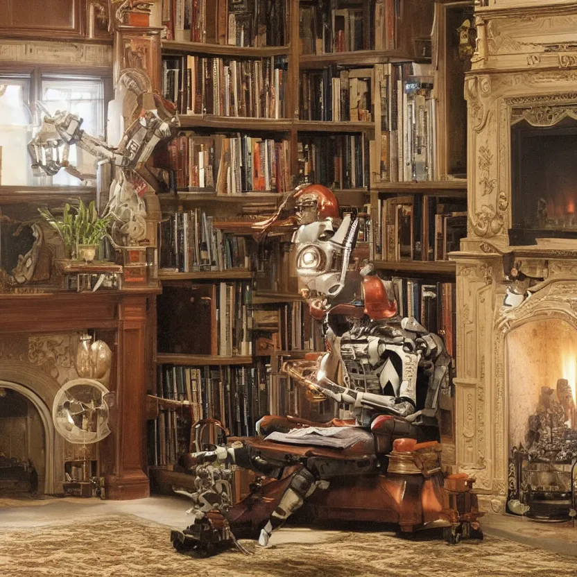 Prompt: “a lonely robot reads a book near a fireplace in a Victorian home., IMAX 70mm footage”