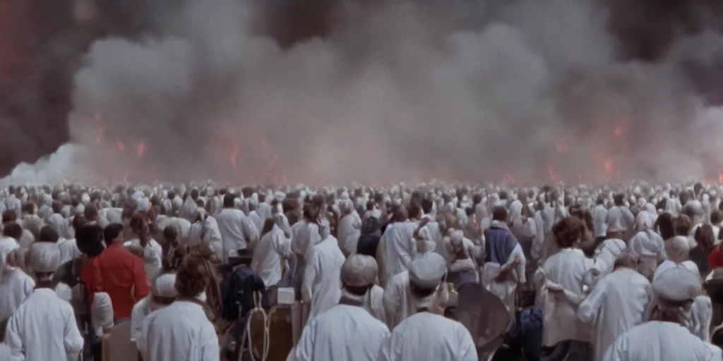 Image similar to filmic closeup dutch angle movie still 4k UHD 35mm film color photograph of a crowd of doctors burning alive inside of a science lab , in the style of a 1980s horror film