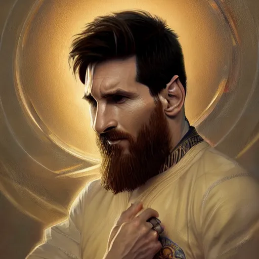 Prompt: lionel messi as a muslim, d & d, fantasy, intricate, elegant, highly detailed, digital painting, artstation, concept art, matte, sharp focus, illustration, art by artgerm and greg rutkowski and alphonse mucha