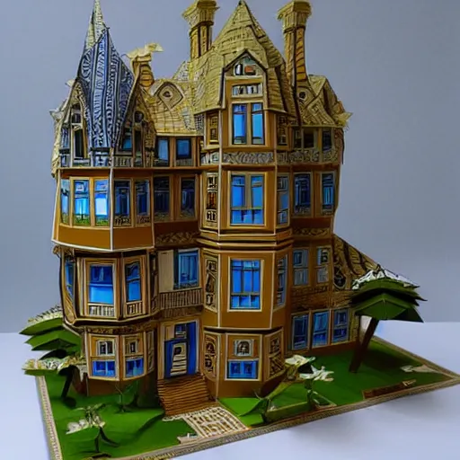 Prompt: a beautiful detailed mansion in the style of papercraft, origami,