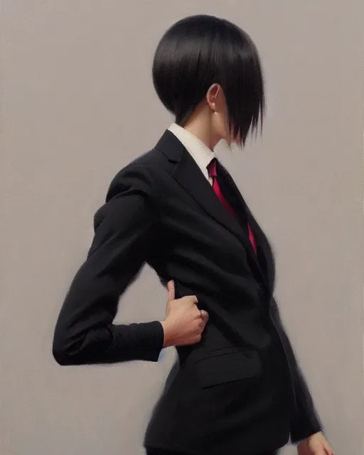 Image similar to a ultradetailed beautiful portrait panting of a stylish woman wearing a black loose fit suit with a tie, oil painting, by ilya kuvshinov, greg rutkowski and makoto shinkai, trending on artstation