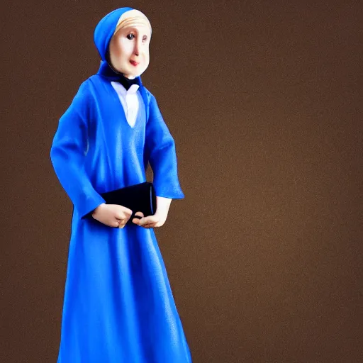 Prompt: blonde catolic nun in blue clothes, clutch yo - yo, transgender, photorealistic