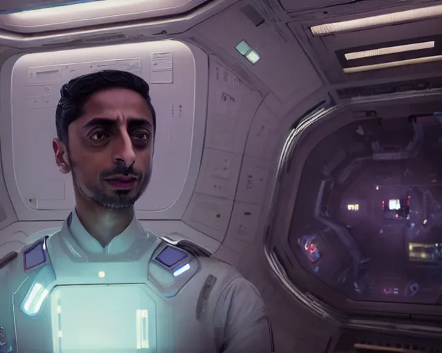 Image similar to highly detailed portrait of riz ahmed as an android in a space shuttle, in detroit : become human, stephen bliss, unreal engine, fantasy art by greg rutkowski, loish, rhads, ferdinand knab, makoto shinkai and lois van baarle, ilya kuvshinov, rossdraws, tom bagshaw, global illumination, radiant light, detailed and intricate environment