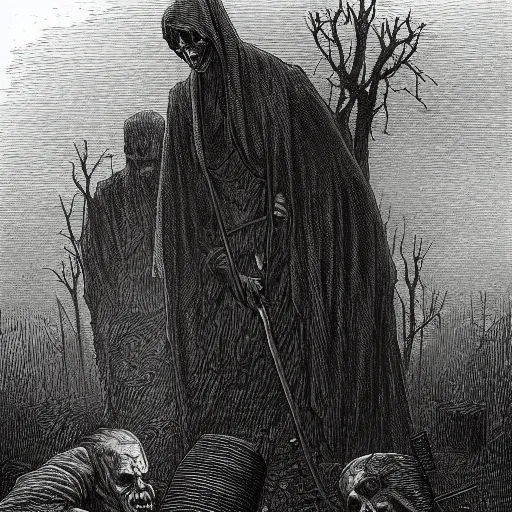 Image similar to 9 steel barrels in a graveyard, 2 zombies, creepy atmosphere, dark, portrait, realistic, illustration by gustave dore