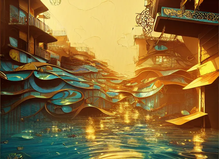 Image similar to art nouveau favela, underwater environment, scenery, professional, award - winning, trending on artstation, hyper detailed, realistic, beautiful, emotional, shiny, golden, picture