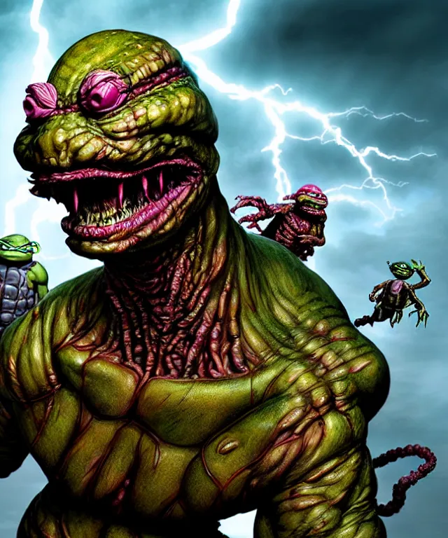 Prompt: hyperrealistic rendering, epic boss battle, cronenberg flesh monster tmnt, by art of skinner and richard corben, product photography, collectible action figure, sofubi, hottoys, storm clouds, outside, lightning