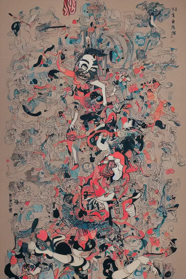 Image similar to painting animal puppet show head banging drummer 9 0 s music song groove is in the heart, we're going to dance and have some fun, painted by james jean in chinese style