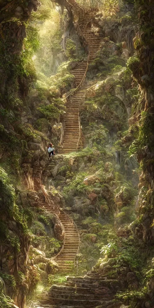 Image similar to a man walking up a steep and winding staircase, in magical woods, intricate, elegant, highly detailed, fantasy digital painting, artstation, concept art, sharp focus, beautiful illustration, by justin gerard and artgerm, 8 k