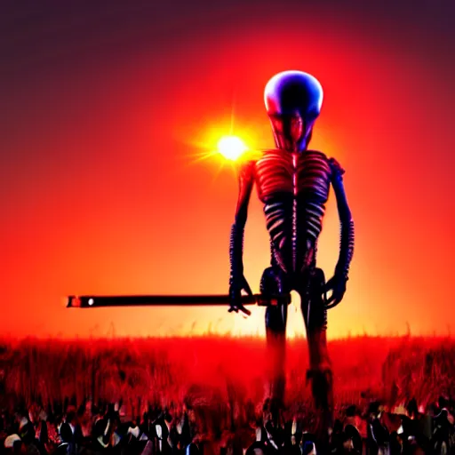 Prompt: detailed alien standing in field, with red lightsaber, gloomy nemobo at sunset