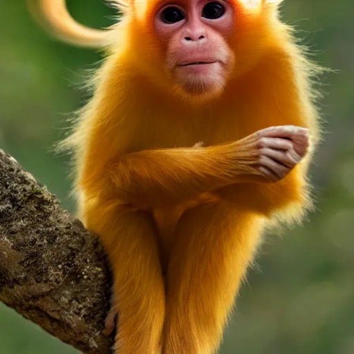 Image similar to screaming buff golden snubnose monkey going super saiyan 3 like dragon ball z, super long hair, flaming chi aura. 4 k, subtle hdr. golden hour. award winning. flaming chi aura.