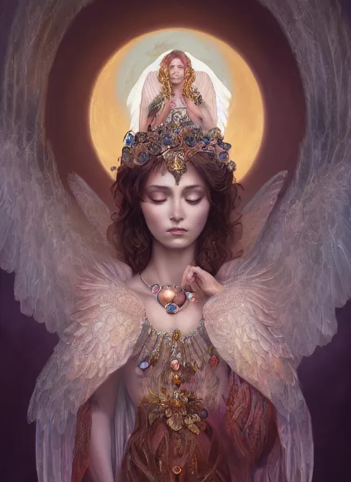 Image similar to A beautiful digital painting of a female Seraphim full of jewels, princess, the moon behind her, intricate, cinematic lighting, highly detailed, digital painting, Artstation, concept art, smooth, sharp focus, illustration, art by Tom Bagshaw, Artgerm and Greg Rutkowski