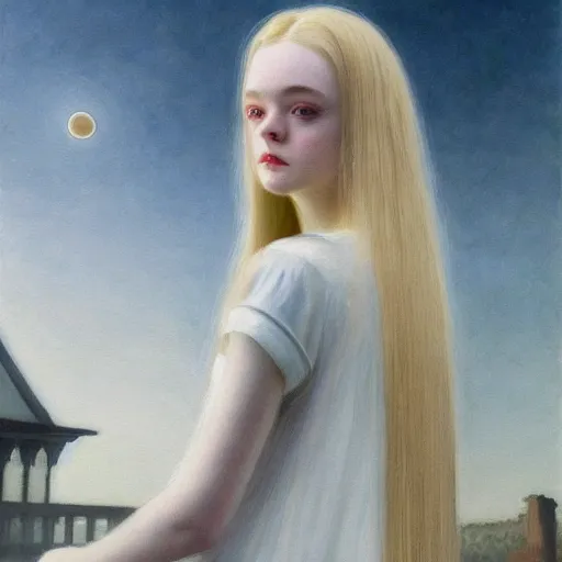 Image similar to Painting of Elle Fanning in the ringed city during the eclipse, long blonde hair, delicate, pale milky white porcelain skin, by Edward Hopper. 8K. Extremely detailed.