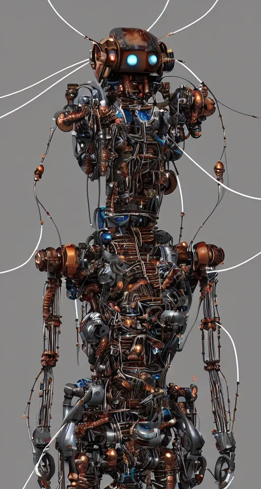 Image similar to Techno-biological rusty robot geisha consisting of wires and actuators. Biopunk, body armor, high detail, photorealism, full length view, concept art, Dan Mumford, Quixel Megascans, octane render, 16k, 8k