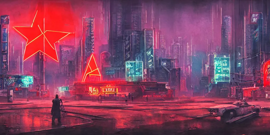 Prompt: landscape of a cyberpunk soviet city with neon hammer and sickle sign, watercolor, ultra realistic, highly detailed, hd, sharp focus, cinematic lighting, mood lighting, realistic, photorealistic, vivid colors, painting, photograph, digital art, non blurry, sharp, artstation, concept art, smooth, illustration
