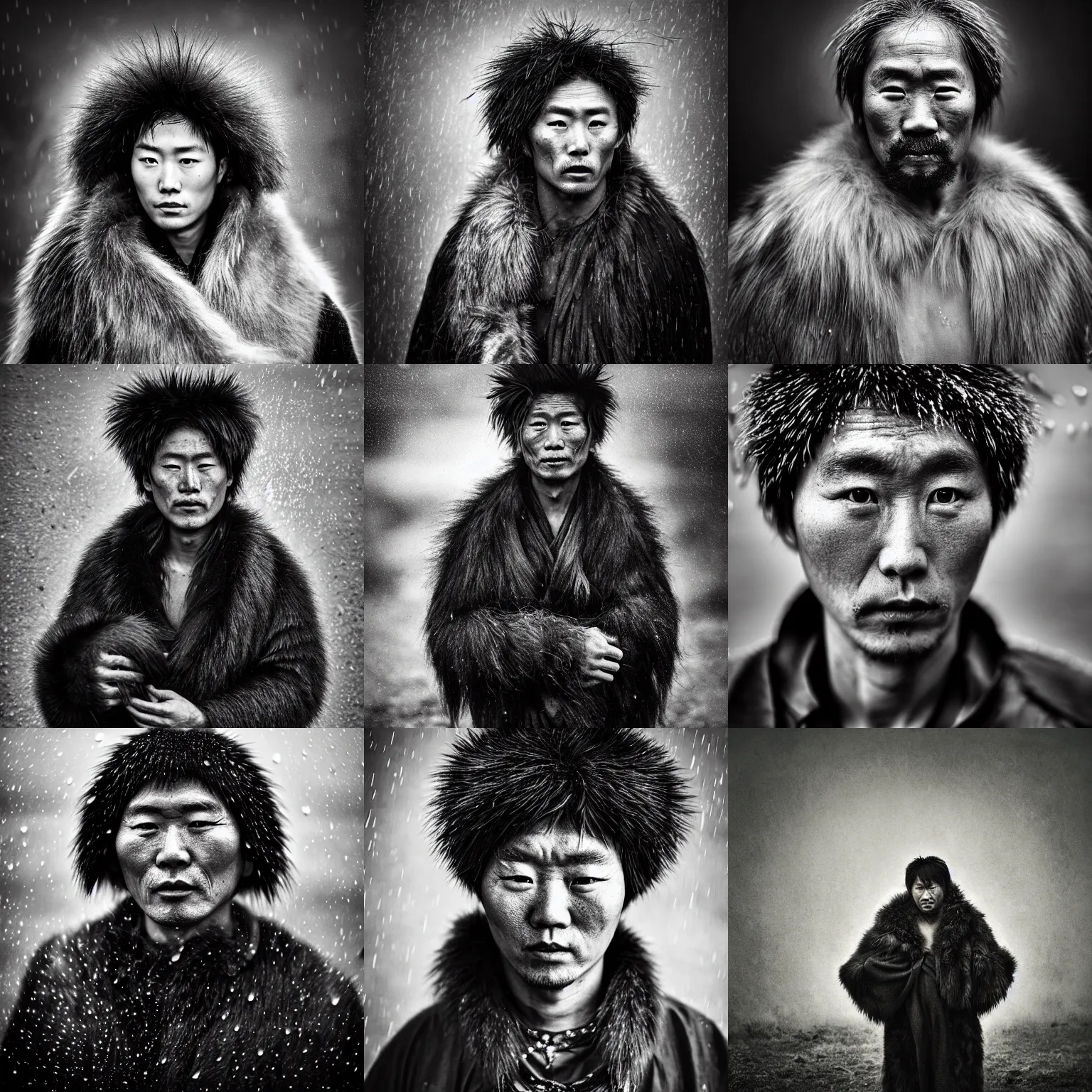 Prompt: Award Winning reportage Full-body Portrait of a Early-medieval weathered Korean Male in the driving rain with incredible hair and beautiful eyes wearing animal furs and traditional garb with Black Tibetan Mastiff by Lee Jeffries, 85mm ND 4, perfect lighting, gelatin silver process