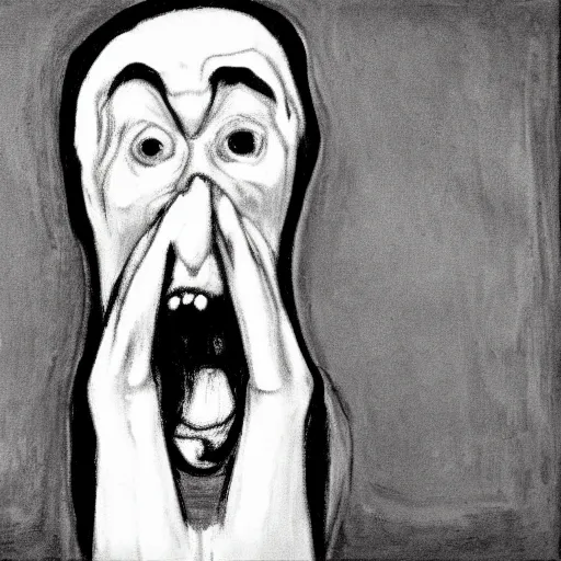 Image similar to portrait of a pale and thin, sickly - looking person of mixed ethnicity uttering a silent scream in the style of edvard munch's the scream.