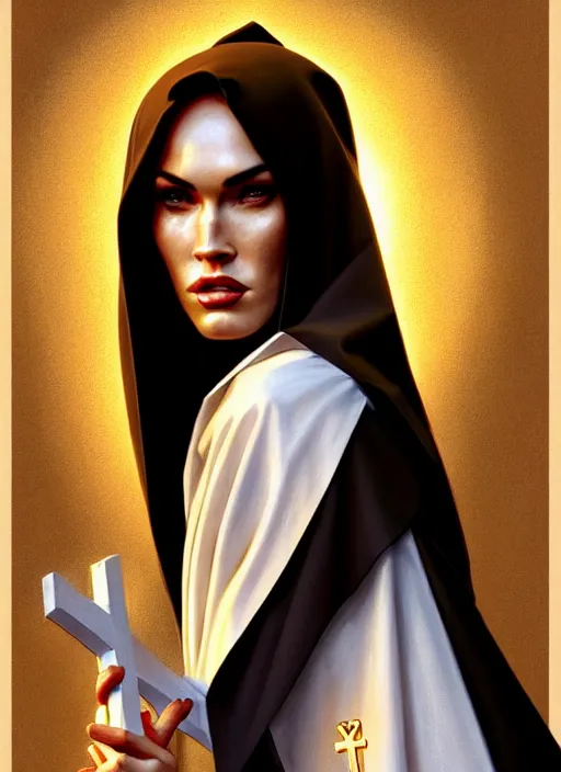 Image similar to portrait of megan fox as a nun with satanic cross, catholic, church, bible, christian, intricate, headshot, highly detailed, digital painting, artstation, concept art, sharp focus, cinematic lighting, illustration, art by artgerm and greg rutkowski, alphonse mucha, cgsociety