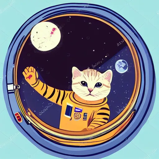 Image similar to astronaut cat on board the sputnik 2, holding a cute cat in his paws, earth can be seen from the round space window, realistic, photo, detailed