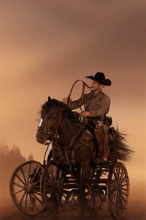 Prompt: hyperrealist portrait of a cowboy driving stage coach by fredrick remington and howard powel, fantasy art, photo realistic, dynamic lighting, artstation, poster, volumetric lighting, very detailed faces, 4 k, award winning