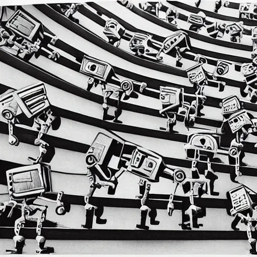 Image similar to robots marching on stairs by MC Escher