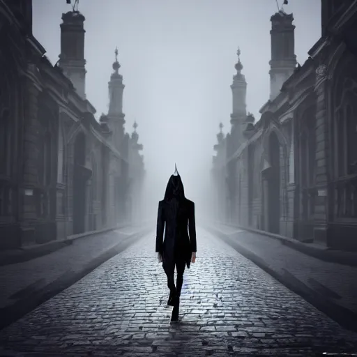 Prompt: terrifying vampiric creature walking through the center of old london city, oil painting, gloomy misty atmosphere, symmetrical, full body image, highly ornate intricate details, very sharp photo,