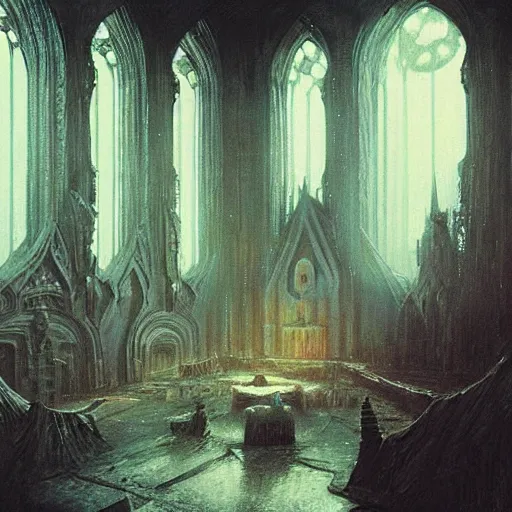 Image similar to detailed painting of bladerunner interior room with celestial ephemeral ornaments and gothic architecture, artstation, beksinski, cinematic