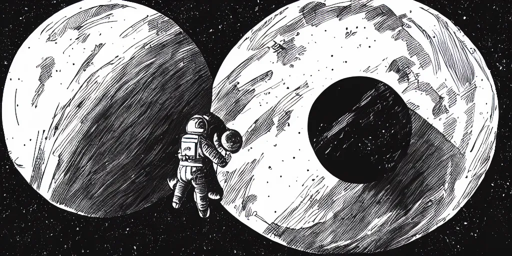 Prompt: ink lineart drawing of a planet, looming over an astronaut's shoulder, wide angle, space background, artstation, illustration, high contrast, deep black tones contour