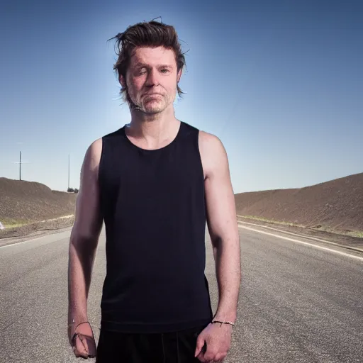 Image similar to a beautiful portrait of a bloke wearing futuristic speed dealers and a tank top, on a hot australian day, high quality, photography, volumetric lighting, 8 k