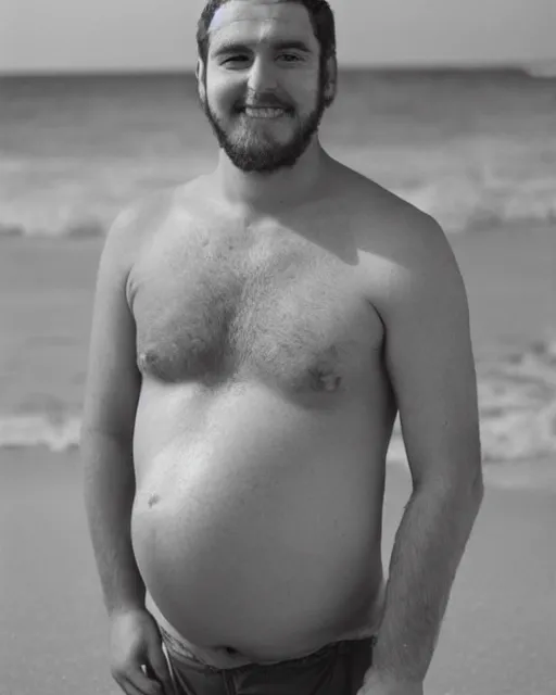 Prompt: 1800's photograph of a heavily pregnant handsome!!! man in his 20s on the beach, high quality image