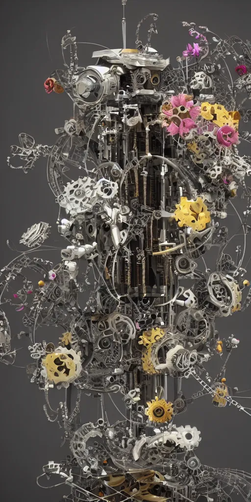 Image similar to a lovely mechanical bouquet of machine flowers, scifi futuristic, utopian, machine parts, wires, circuits, highly detailed, octane render, cinematic