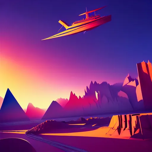 Image similar to super detailed color art, big graphic seiner ship on sunset view with polygonal mountains, unreal engine, high contrast color palette, 3 d render, lowpoly, colorful, digital art, perspective, full volume composition, syd mead