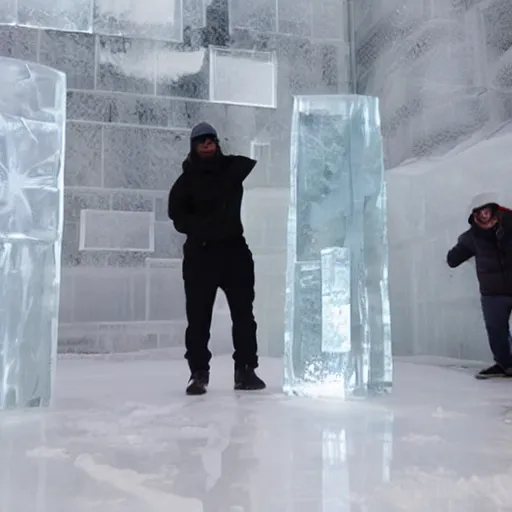 Prompt: see through clear sheet of ice in front of man man behind ice