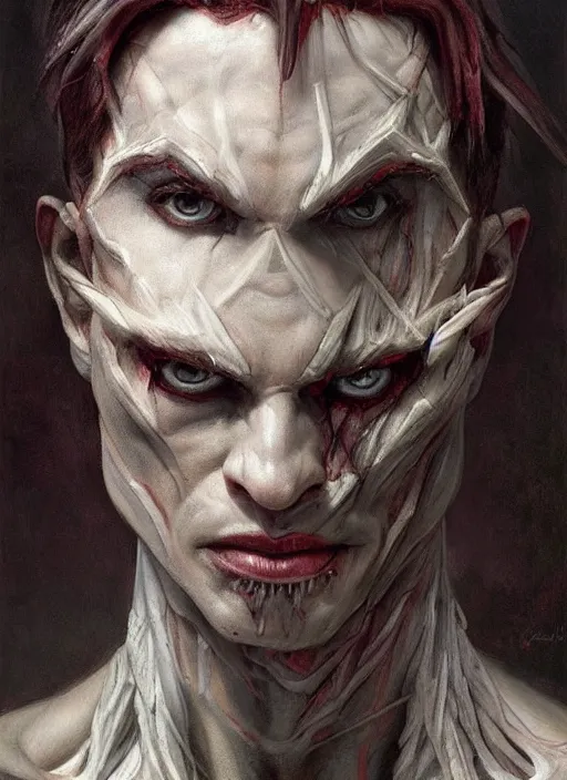 Image similar to half demon half human intricate skin man, elegant, peaceful, full body, white horns, hyper realistic, extremely detailed, dnd character art portrait, fantasy art, intricate fantasy painting, dramatic lighting, vivid colors, deviant art, artstation, by edgar maxence and caravaggio and michael whelan and delacroix.