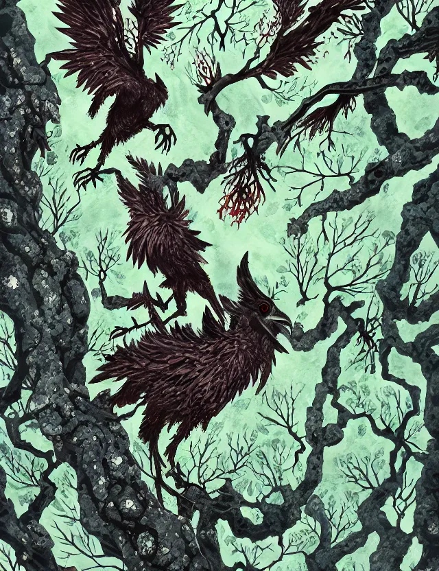 Prompt: raven god in the lichen woods. this gouache painting by the award - winning mangaka has an interesting color scheme, plenty of details and impeccable lighting.