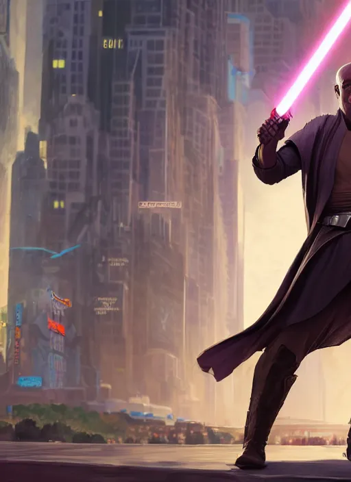 Prompt: An epic fantasy comic book style portrait painting of a young Mace Windu using the force to escape the police in Times Square, Star Wars, Unreal 5, DAZ, hyperrealistic, octane render, cosplay, RPG portrait, dynamic lighting