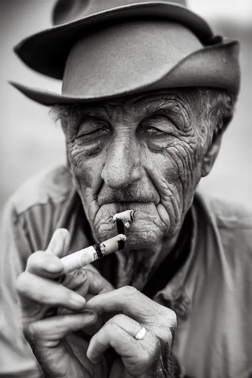 Prompt: sepia close up photograph of an old man with a worn face and trilby smoking a cigarette staring sadly into the camera, Nikon 50mm f/1.8G, award winning, detailed, 4K